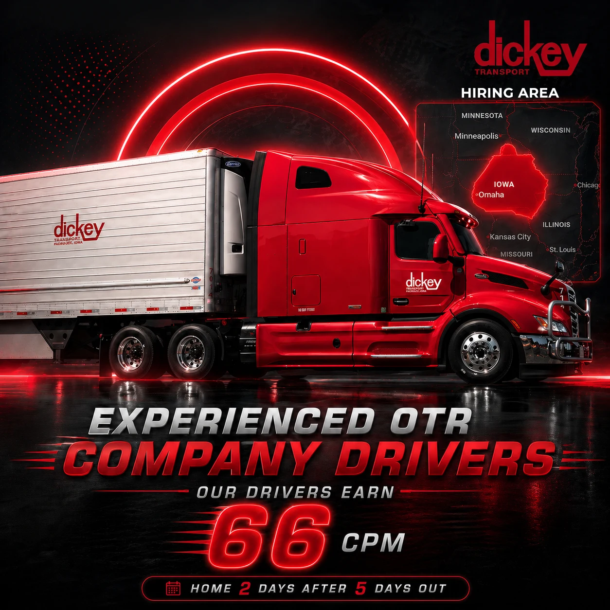 Red truck promoting driver job opportunities.